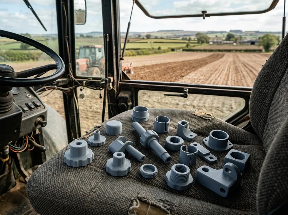 Impresión 3D de piezas para tractores: perillas, tapas y soportes plásticos impresos en 3D para el puesto de un tractor (imagen ilustrativa)