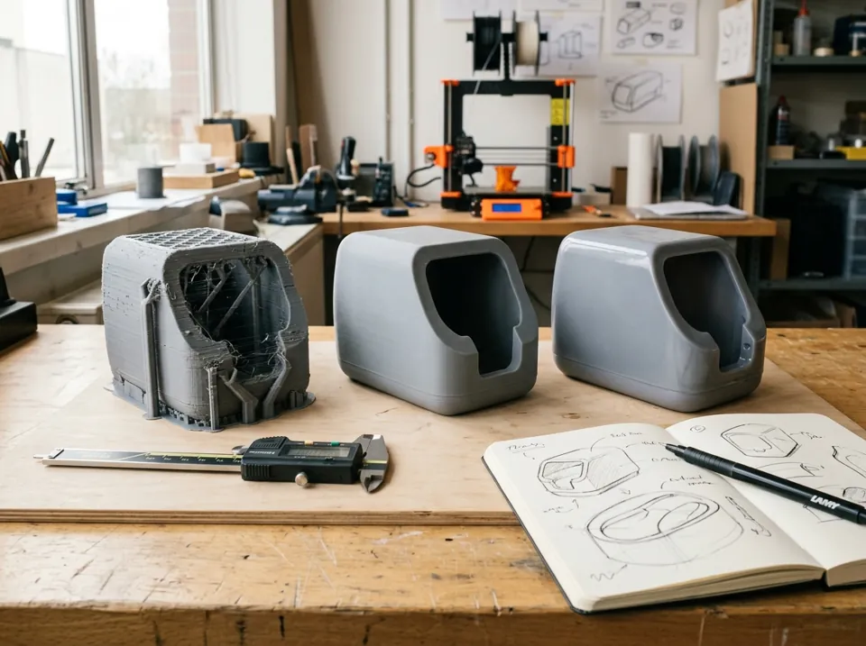 Prototipos funcionales impresos en 3D junto a un calibre y planos de ingeniería (imagen ilustrativa)