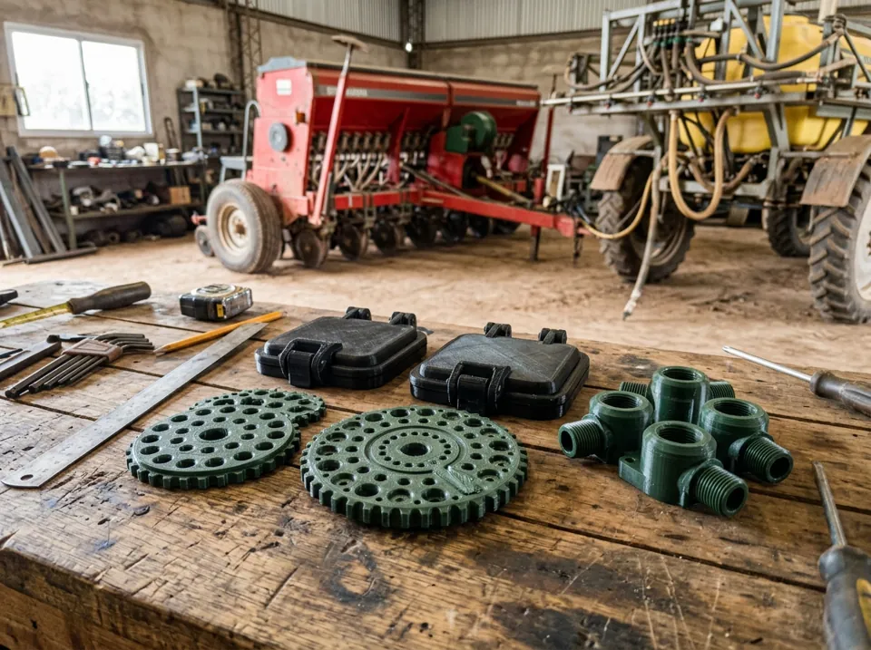 Impresión 3D de piezas para sembradoras y pulverizadoras: piezas plásticas impresas en 3D para una sembradora y una pulverizadora sobre un banco de taller rural (imagen ilustrativa)