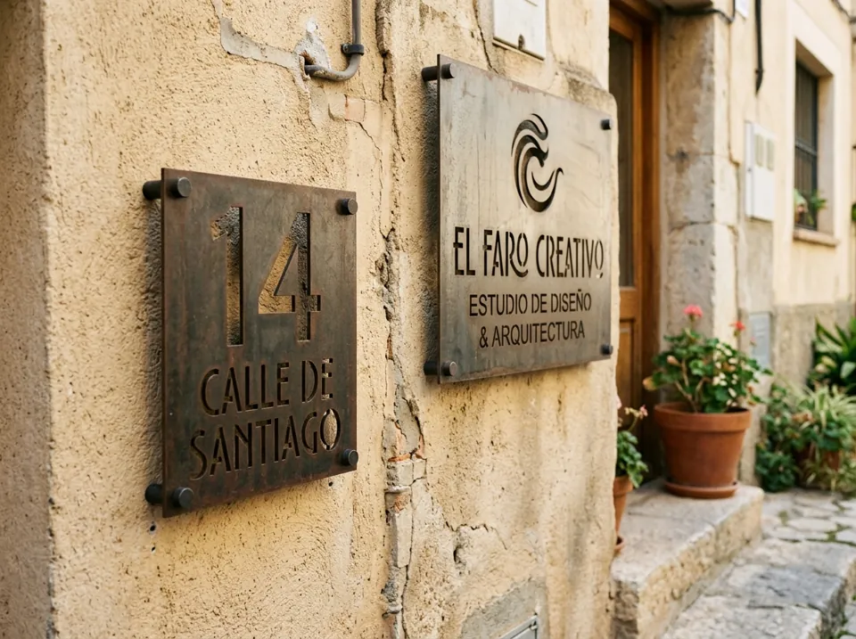Señalética de chapa cortada con láser: carteles de ingreso y numeración (imagen ilustrativa)