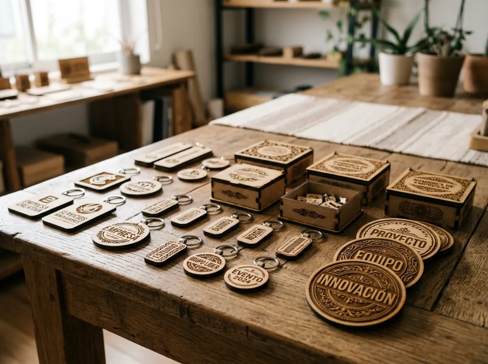 Souvenirs y regalos de MDF cortados con láser: llaveros, cajas y adornos (imagen ilustrativa)