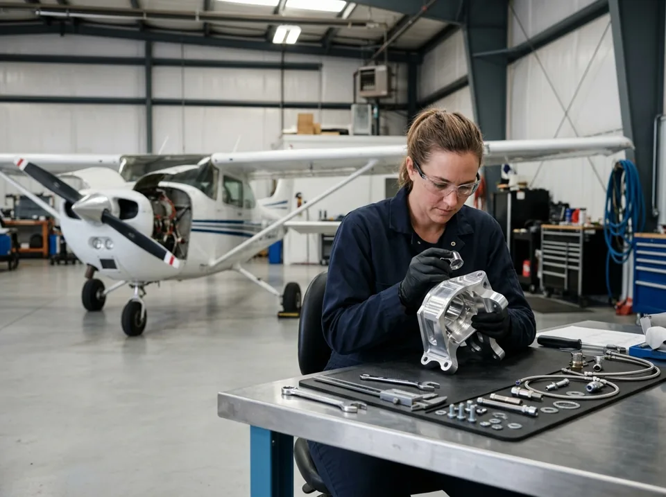 Técnico inspeccionando un soporte de aluminio en un hangar aeronáutico (imagen ilustrativa)