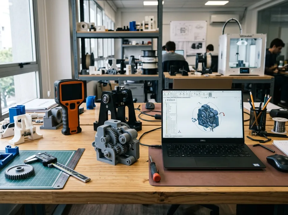 Prototipos impresos en 3D, calibre y modelo CAD en un estudio de ingeniería (imagen ilustrativa)