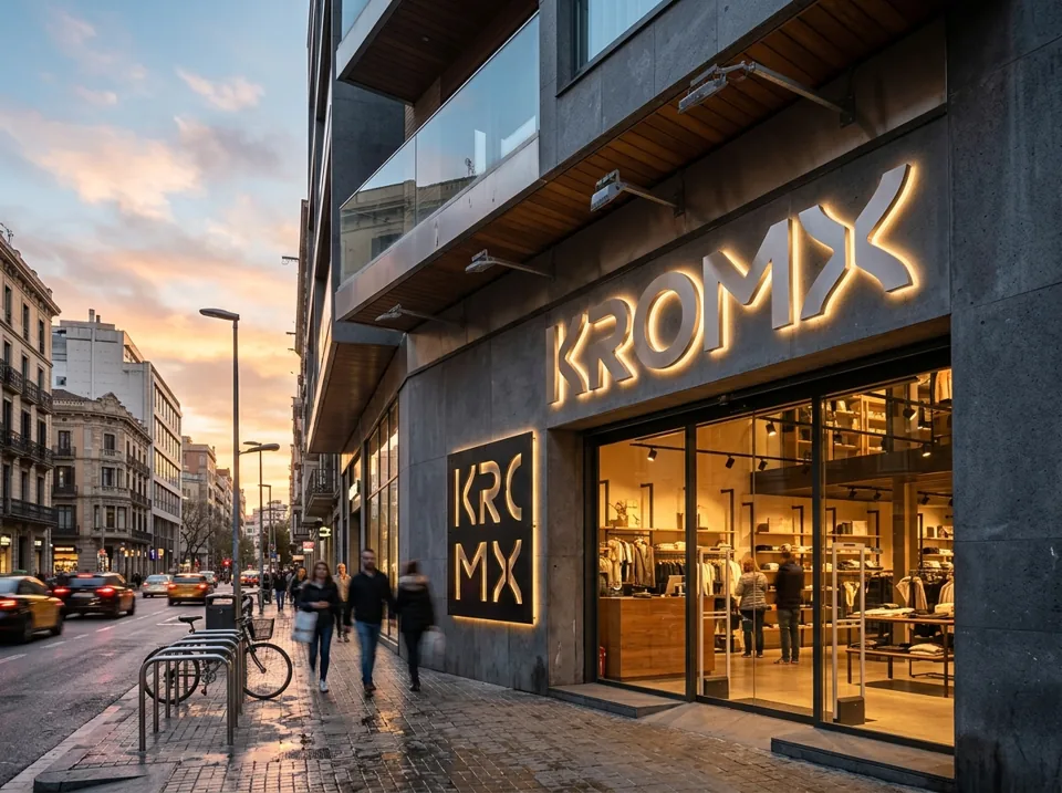 Fachada comercial con letras corpóreas de acrílico y metal cortadas por láser (imagen ilustrativa)
