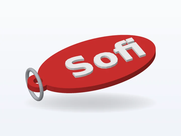 Llavero ovalado rojo con el nombre Sofi en relieve blanco