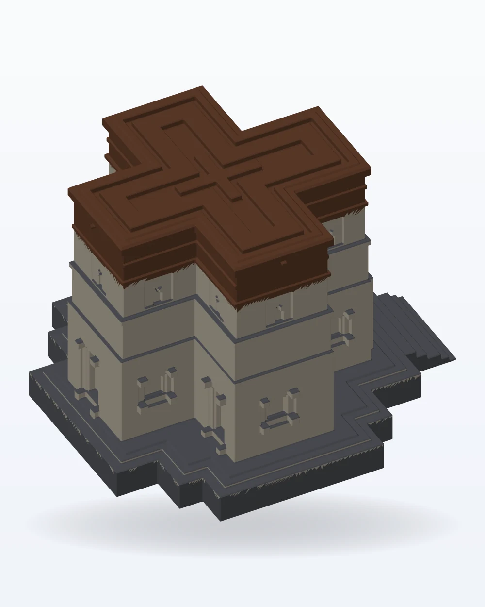 Ilustración del modelo 3D de la maqueta iglesia en forma de cruz, con los colores de la impresión