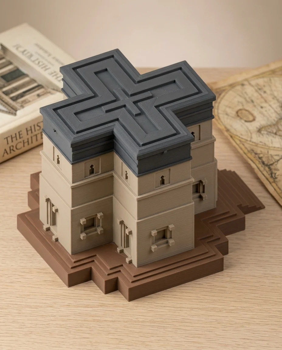 Maqueta de arquitectura impresa en 3D en multicolor (piedra, gris oscuro y chocolate): iglesia en forma de cruz (imagen ilustrativa)