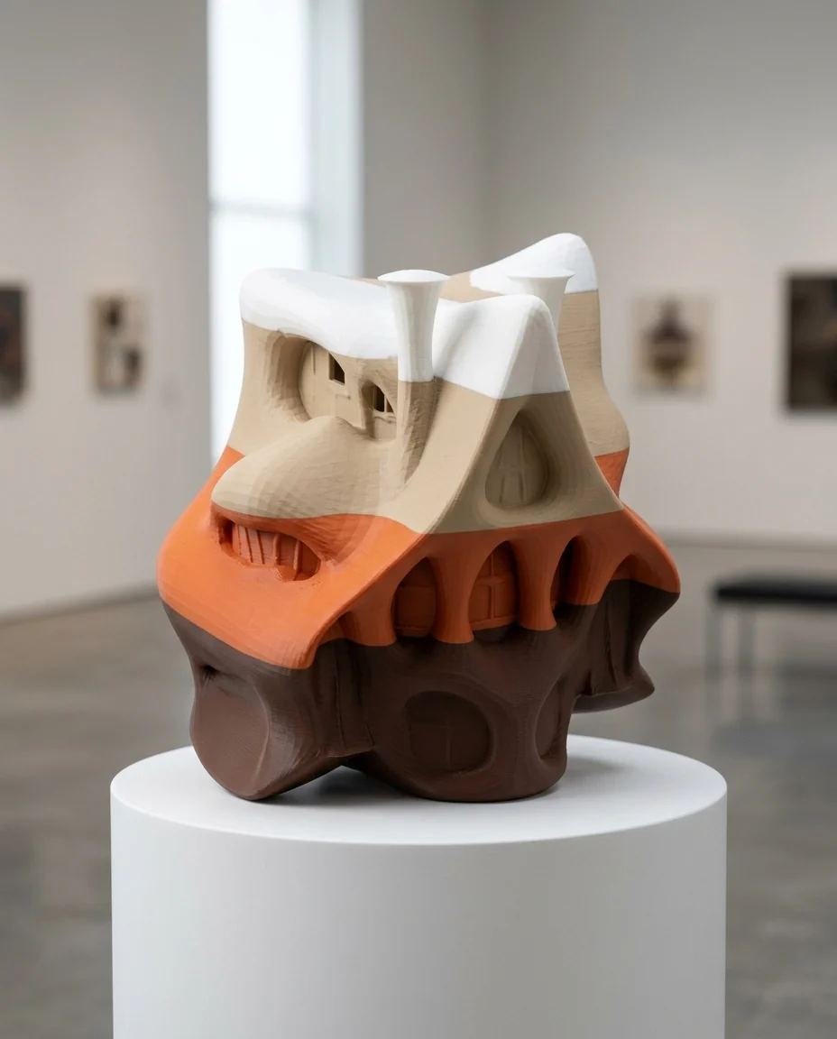 Maqueta de arquitectura impresa en 3D en multicolor (chocolate, naranja, piedra y blanco): maqueta abstracta estilo gaudí (imagen ilustrativa)