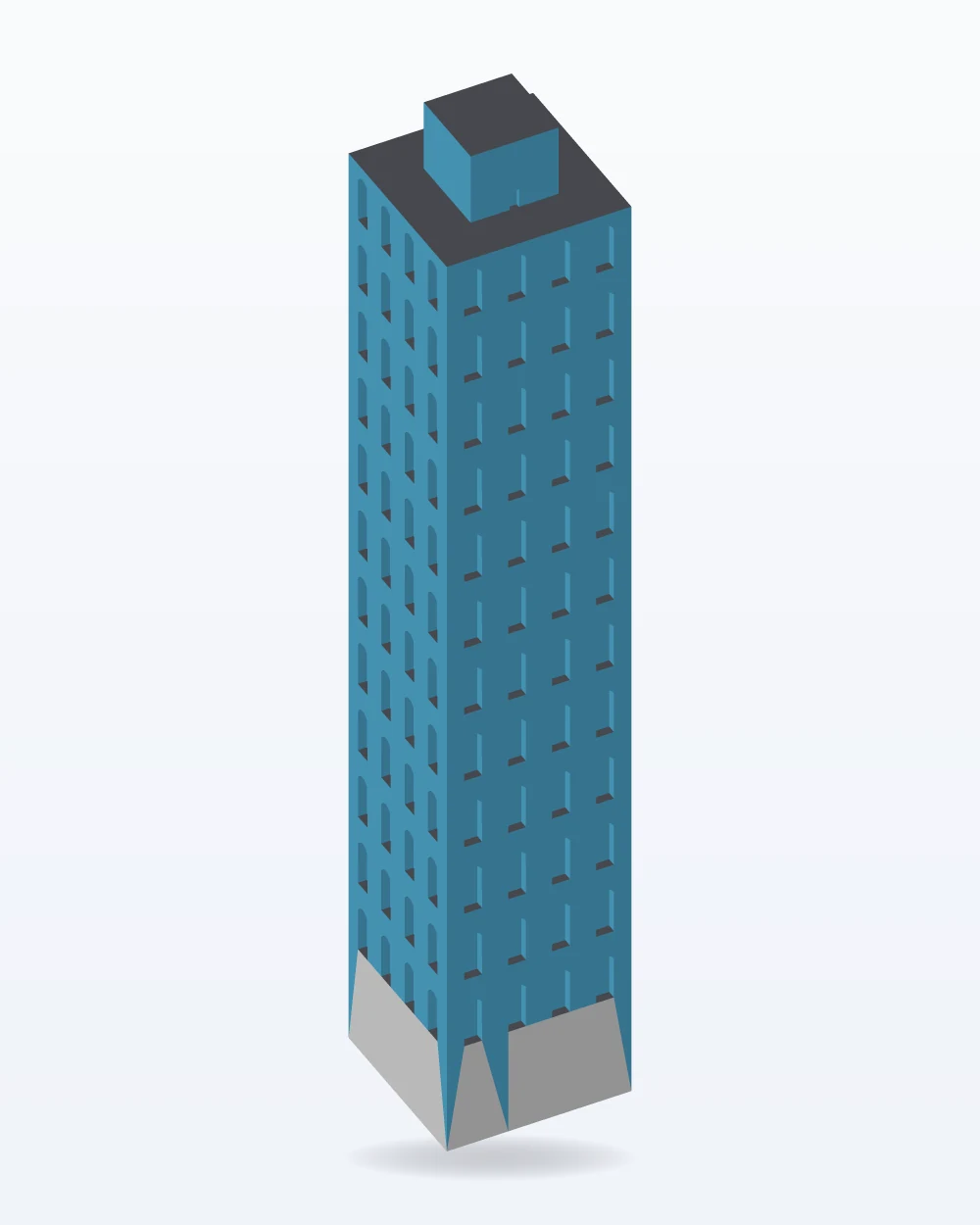Ilustración del modelo 3D de la maqueta torre de oficinas esbelta, con los colores de la impresión