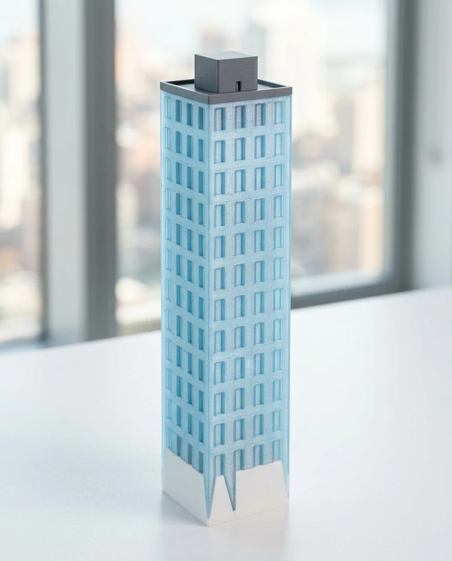 Maqueta de arquitectura impresa en 3D en multicolor (celeste, gris oscuro y blanco): torre de oficinas esbelta (imagen ilustrativa)