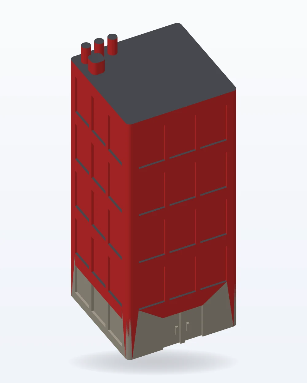 Ilustración del modelo 3D de la maqueta edificio de departamentos, con los colores de la impresión
