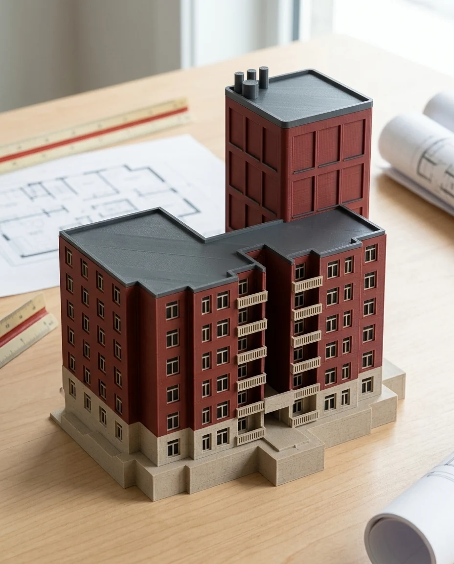 Maqueta de arquitectura impresa en 3D en multicolor (rojo, gris oscuro y piedra): edificio de departamentos (imagen ilustrativa)