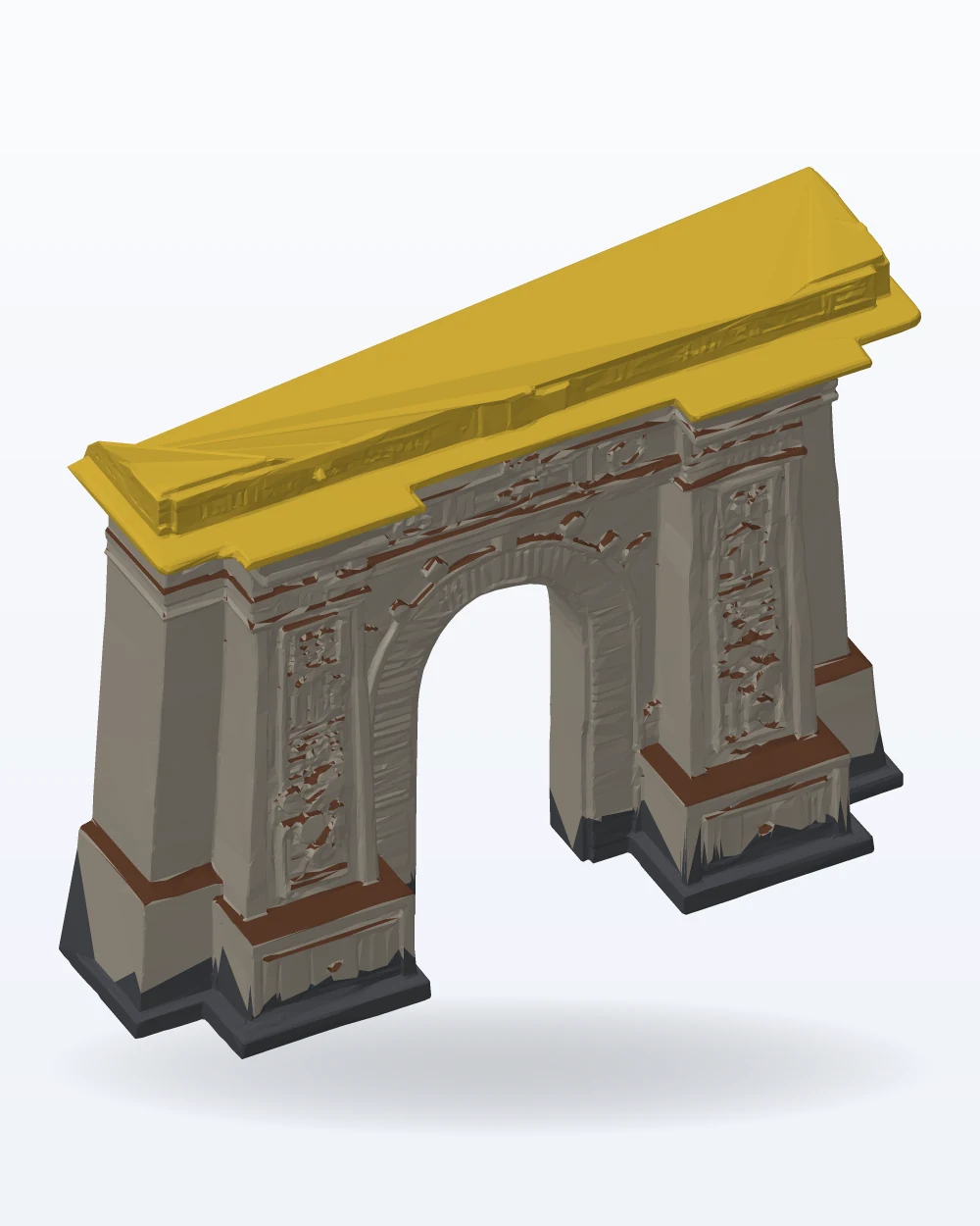 Ilustración del modelo 3D de la maqueta arco monumental de estilo egipcio, con los colores de la impresión