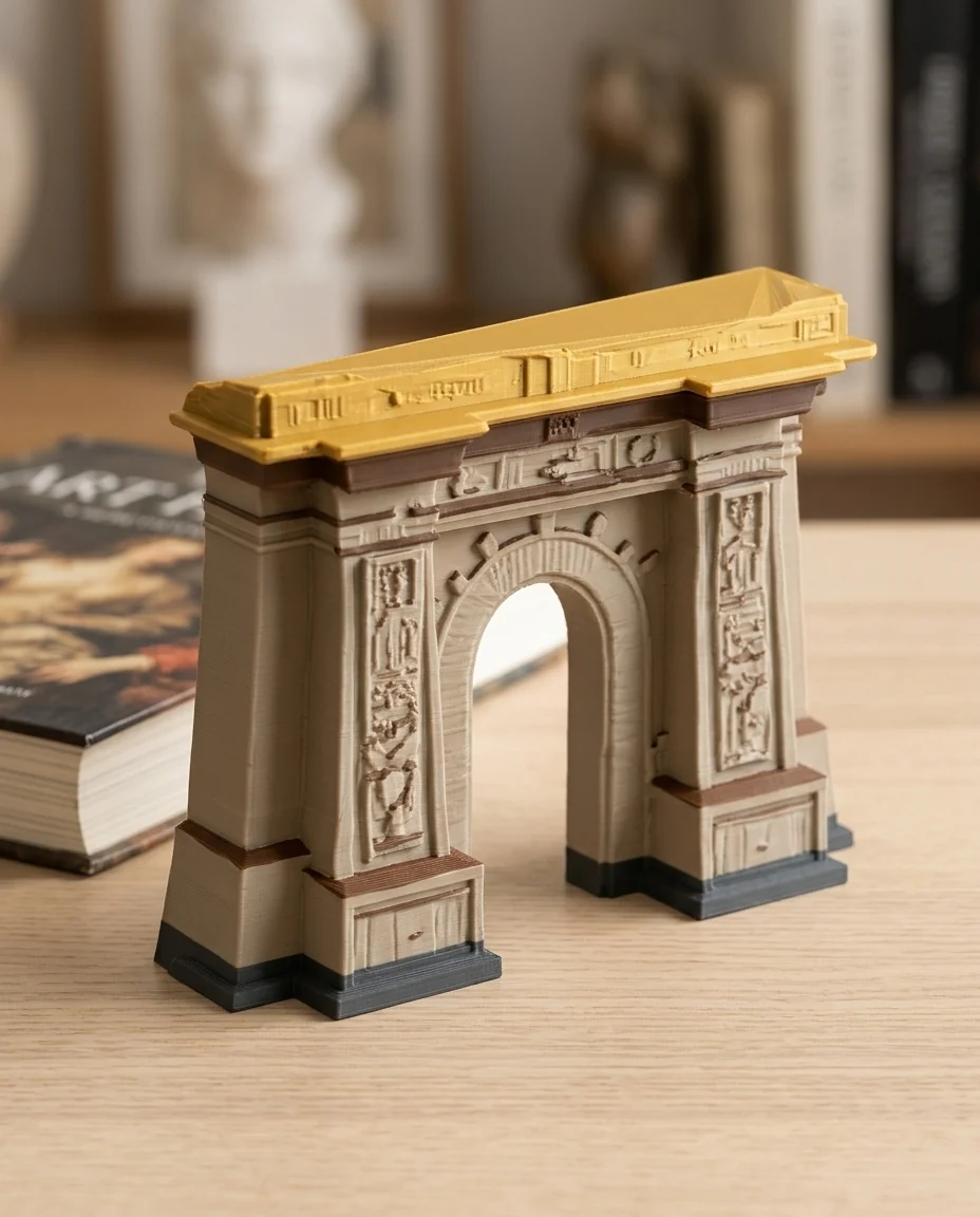 Maqueta de arquitectura impresa en 3D en multicolor (piedra, chocolate, gris oscuro y oro metalizado): arco monumental de estilo egipcio (imagen ilustrativa)