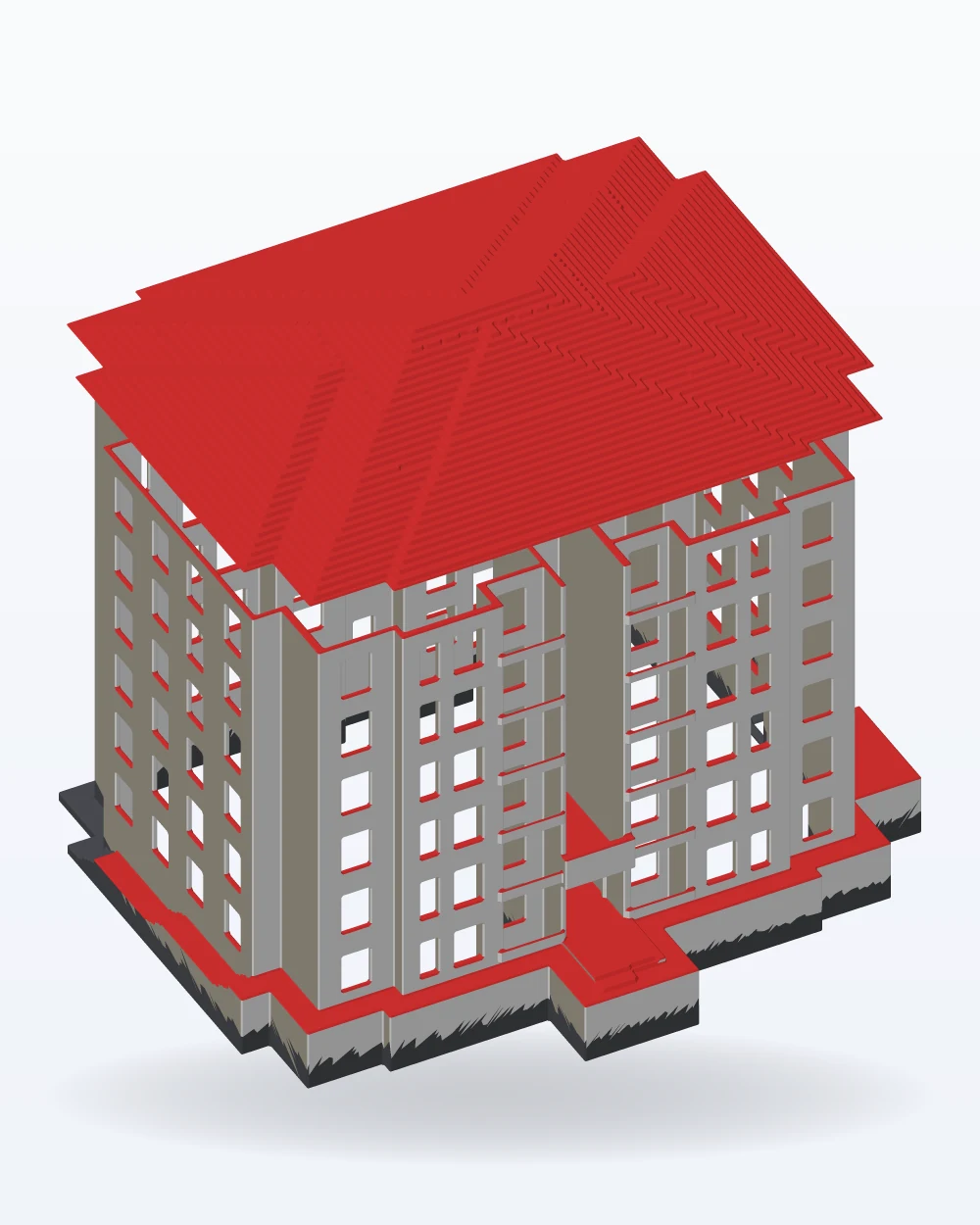 Ilustración del modelo 3D de la maqueta edificio de oficinas con fachada de ventanas, con los colores de la impresión