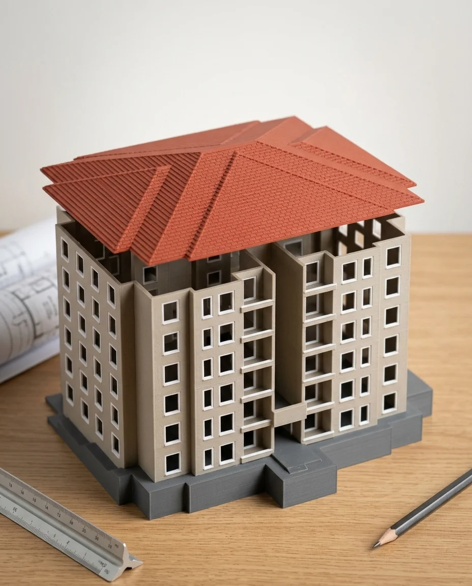 Maqueta de arquitectura impresa en 3D en multicolor (piedra, rojo, gris oscuro y blanco): edificio de oficinas con fachada de ventanas (imagen ilustrativa)