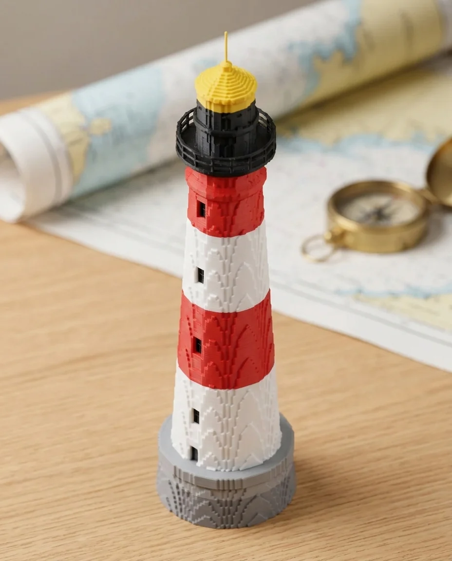 Maqueta de arquitectura impresa en 3D en multicolor (gris oscuro, blanco, rojo y amarillo): faro (imagen ilustrativa)