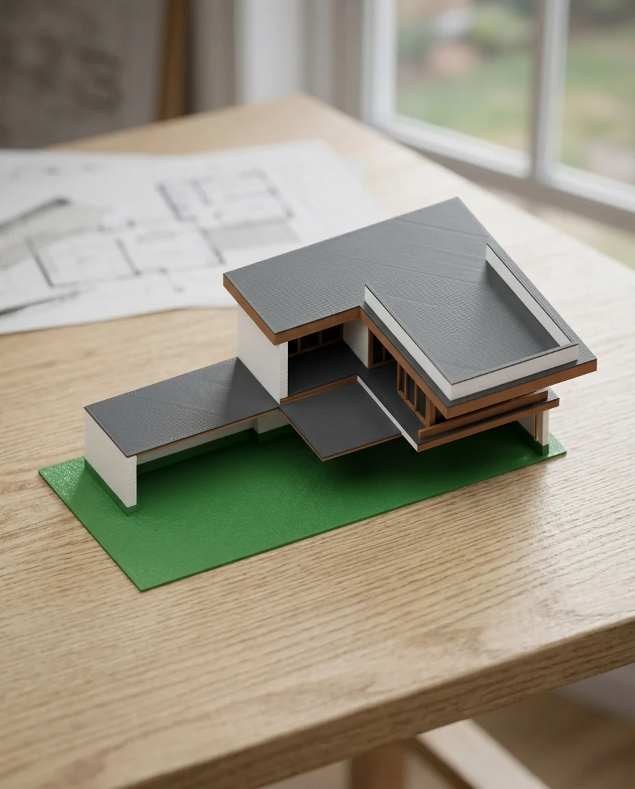 Maqueta de arquitectura impresa en 3D en multicolor (blanco, gris oscuro, verde y chocolate): casa moderna con pileta (imagen ilustrativa)