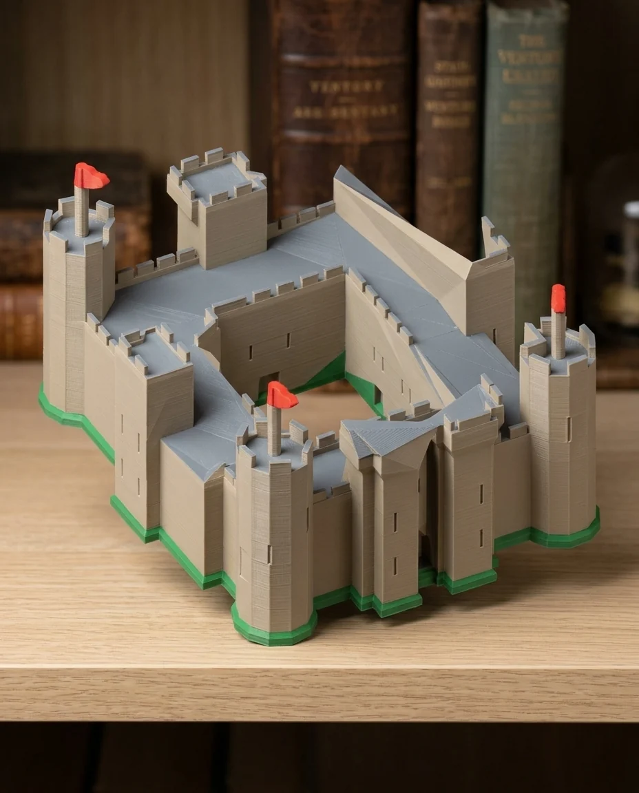 Maqueta de arquitectura impresa en 3D en multicolor (piedra, gris oscuro, verde y rojo): castillo medieval con murallas (imagen ilustrativa)
