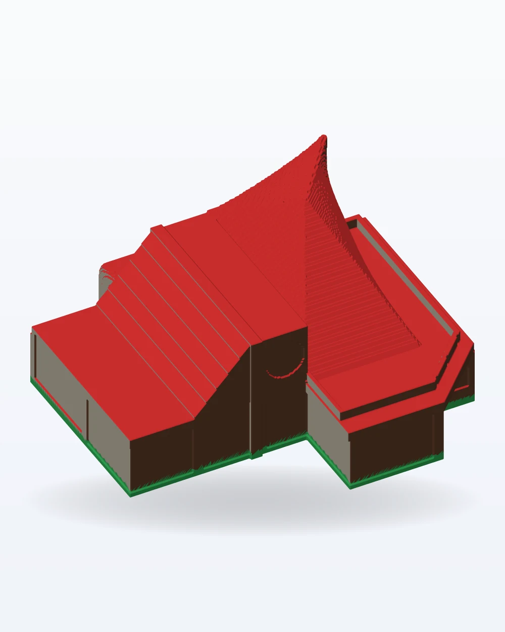 Ilustración del modelo 3D de la maqueta casa familiar de techos quebrados, con los colores de la impresión