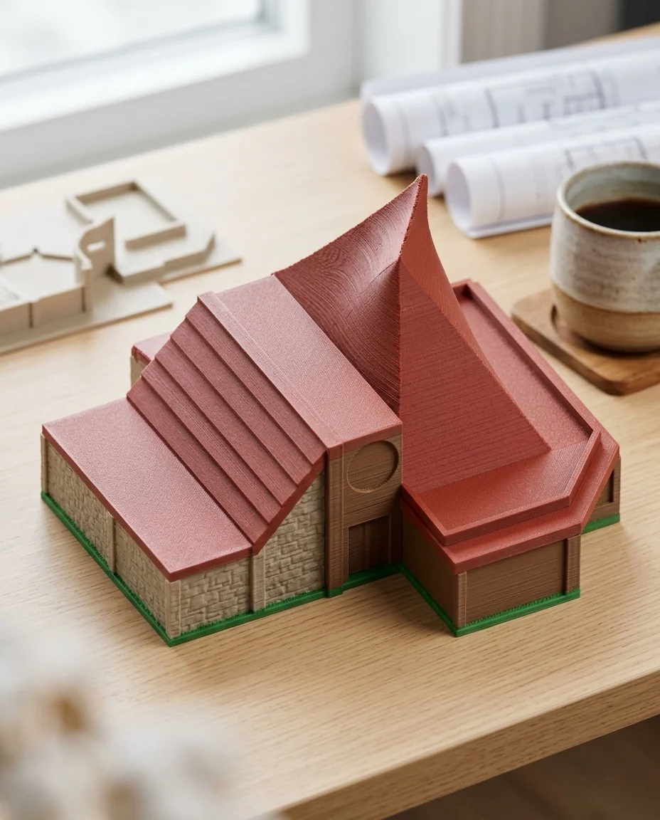 Maqueta de arquitectura impresa en 3D en multicolor (piedra, rojo, verde y chocolate): casa familiar de techos quebrados (imagen ilustrativa)