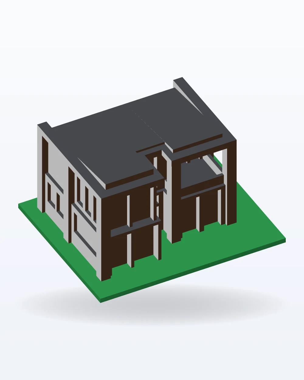 Ilustración del modelo 3D de la maqueta casa moderna de dos plantas, con los colores de la impresión