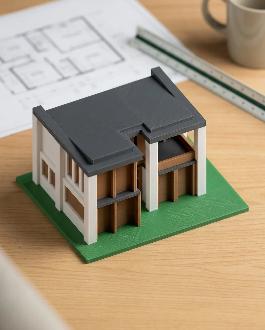 Maqueta de arquitectura impresa en 3D en multicolor (blanco, gris oscuro, verde y chocolate): casa moderna de dos plantas (imagen ilustrativa)