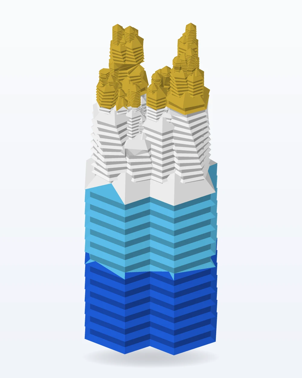 Ilustración del modelo 3D de la maqueta torres gemelas de planta hexagonal, con los colores de la impresión