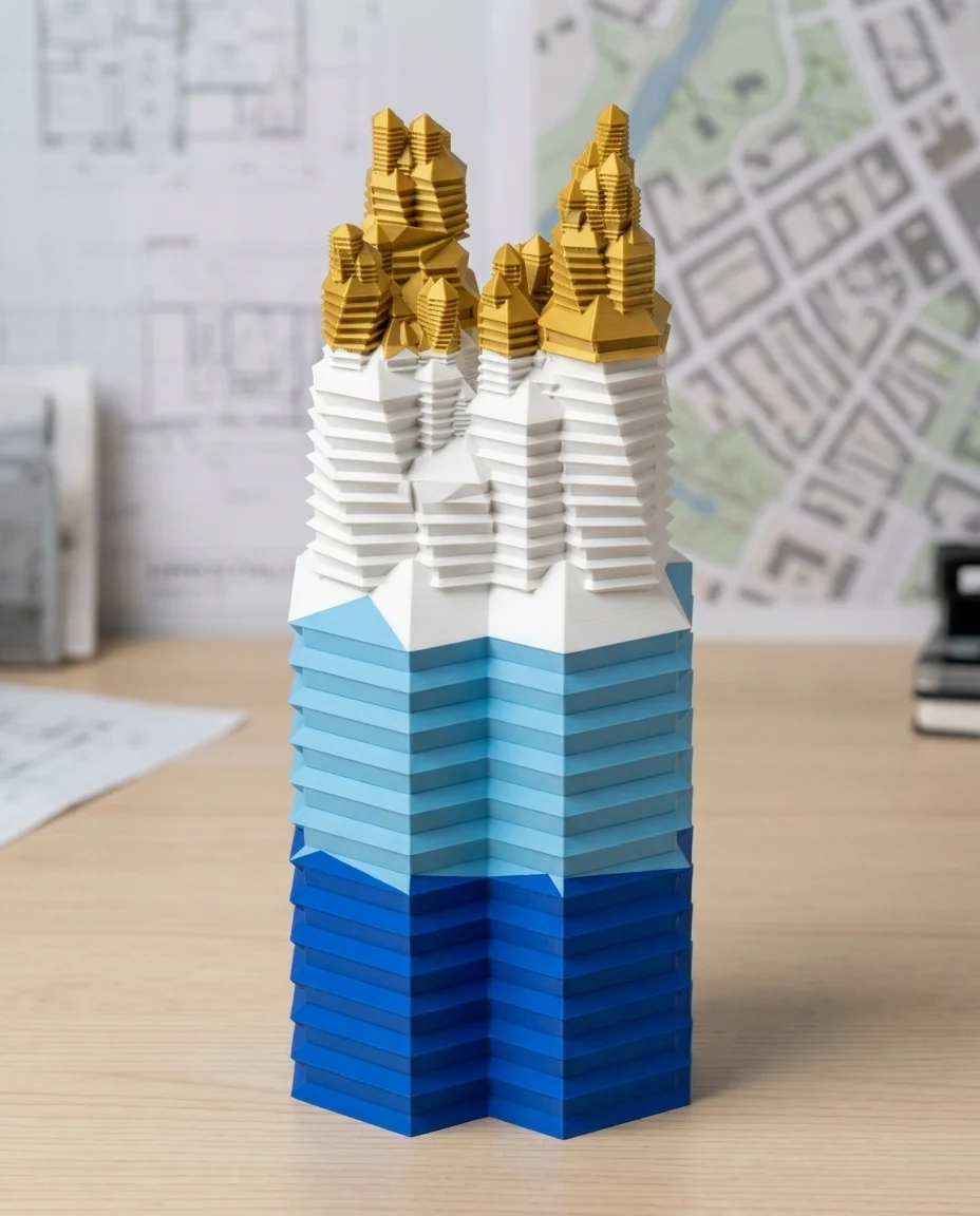 Maqueta de arquitectura impresa en 3D en multicolor (azul, celeste, blanco y oro metalizado): torres gemelas de planta hexagonal (imagen ilustrativa)