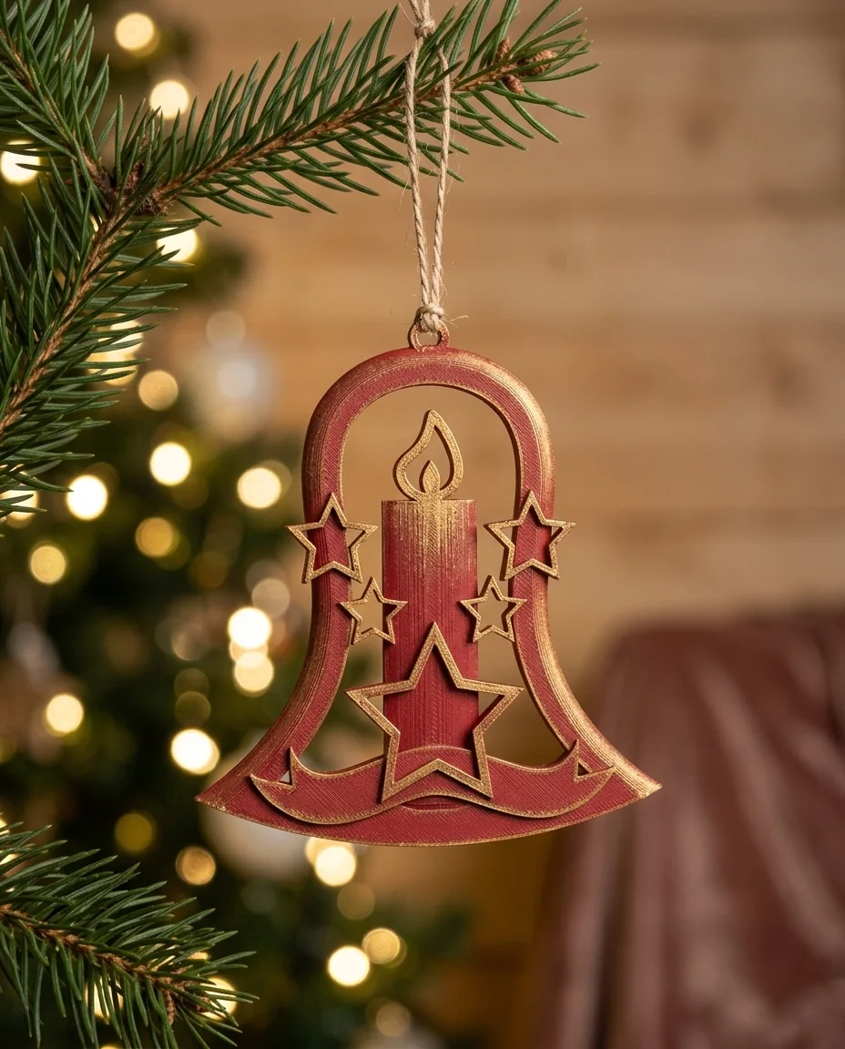 Campana con vela y estrellas: adorno de Navidad impreso en 3D en PLA (imagen ilustrativa)