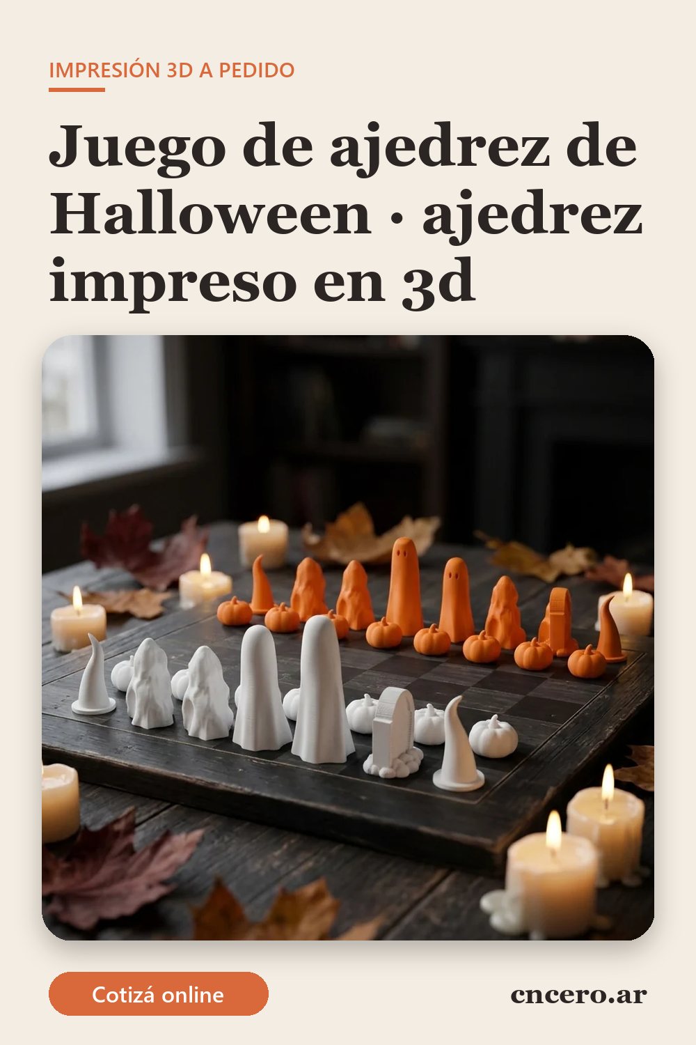 Ajedrez impreso en 3D en multicolor (blanco y naranja): juego de ajedrez de halloween (imagen ilustrativa)