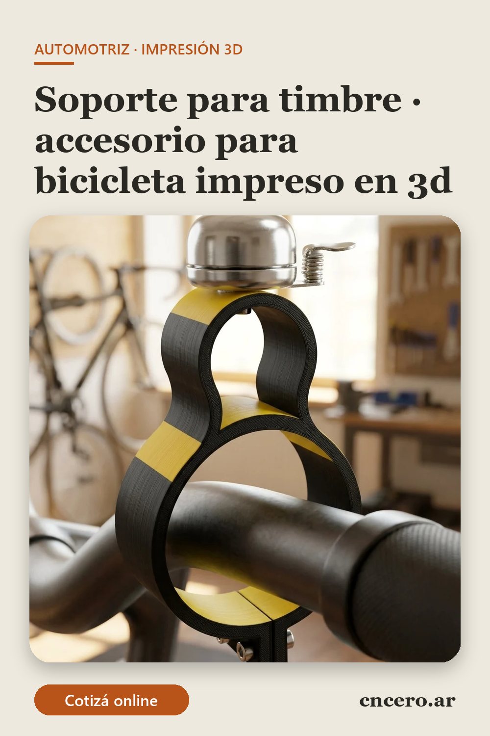 Accesorio para bicicleta impreso en 3D en multicolor (negro y amarillo): soporte para timbre (imagen ilustrativa)