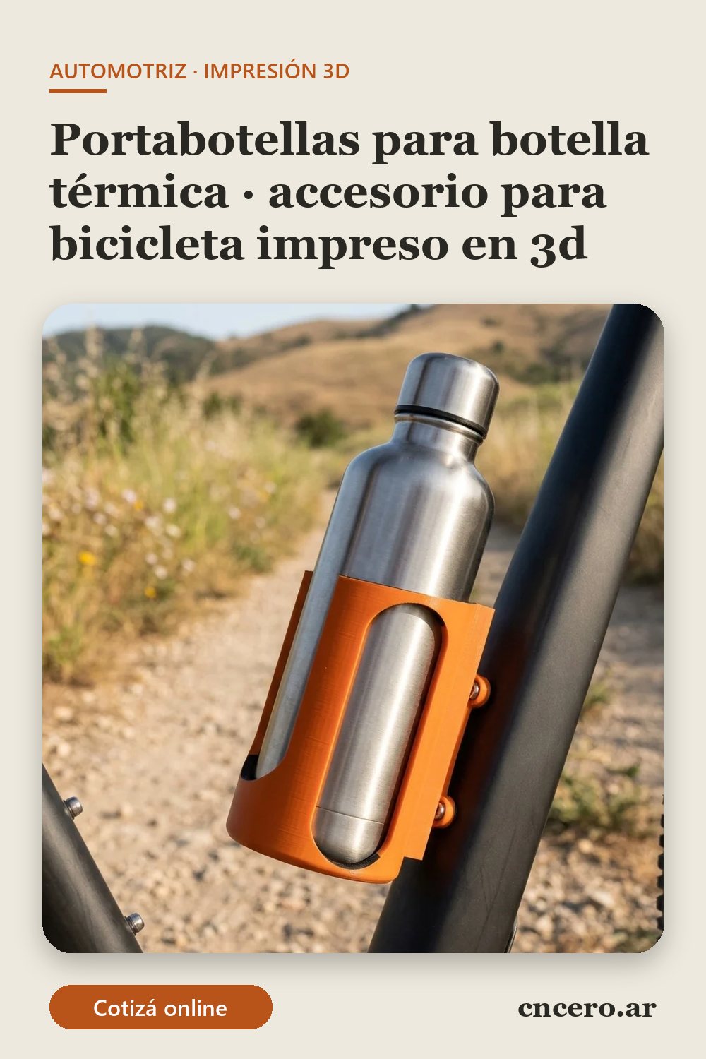 Accesorio para bicicleta impreso en 3D en multicolor (naranja y negro): portabotellas para botella térmica (imagen ilustrativa)