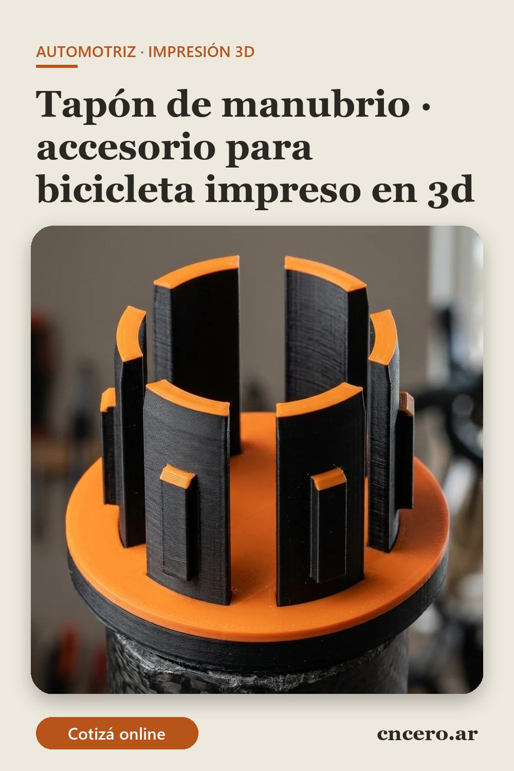 Accesorio para bicicleta impreso en 3D en multicolor (negro y naranja): tapón de manubrio (imagen ilustrativa)
