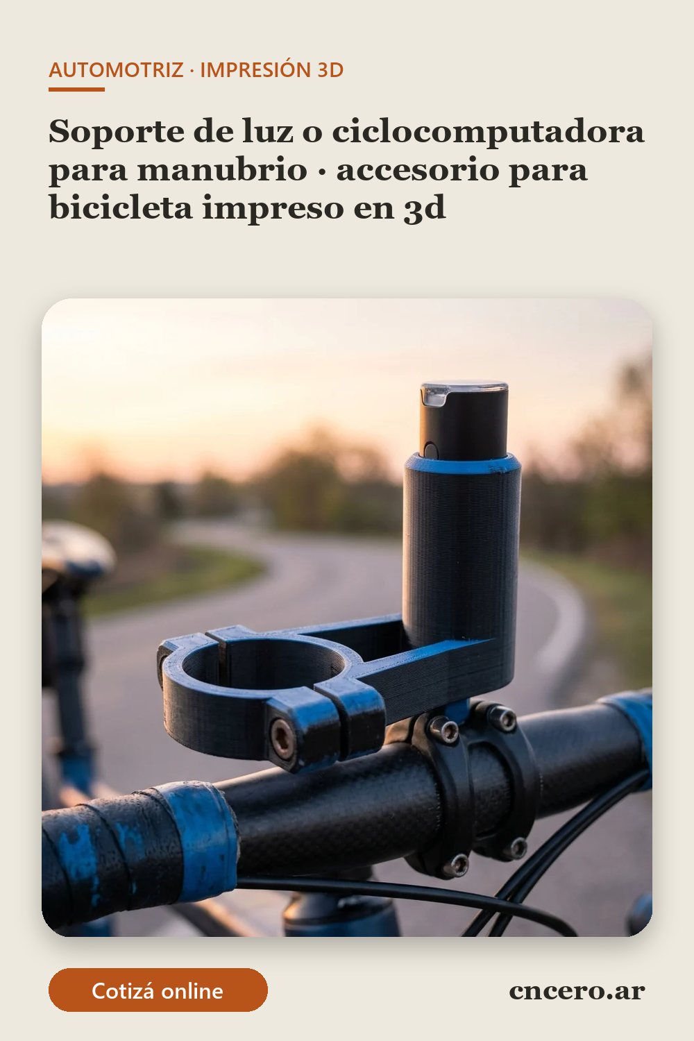 Accesorio para bicicleta impreso en 3D en multicolor (negro y azul): soporte de luz o ciclocomputadora para manubrio (imagen ilustrativa)