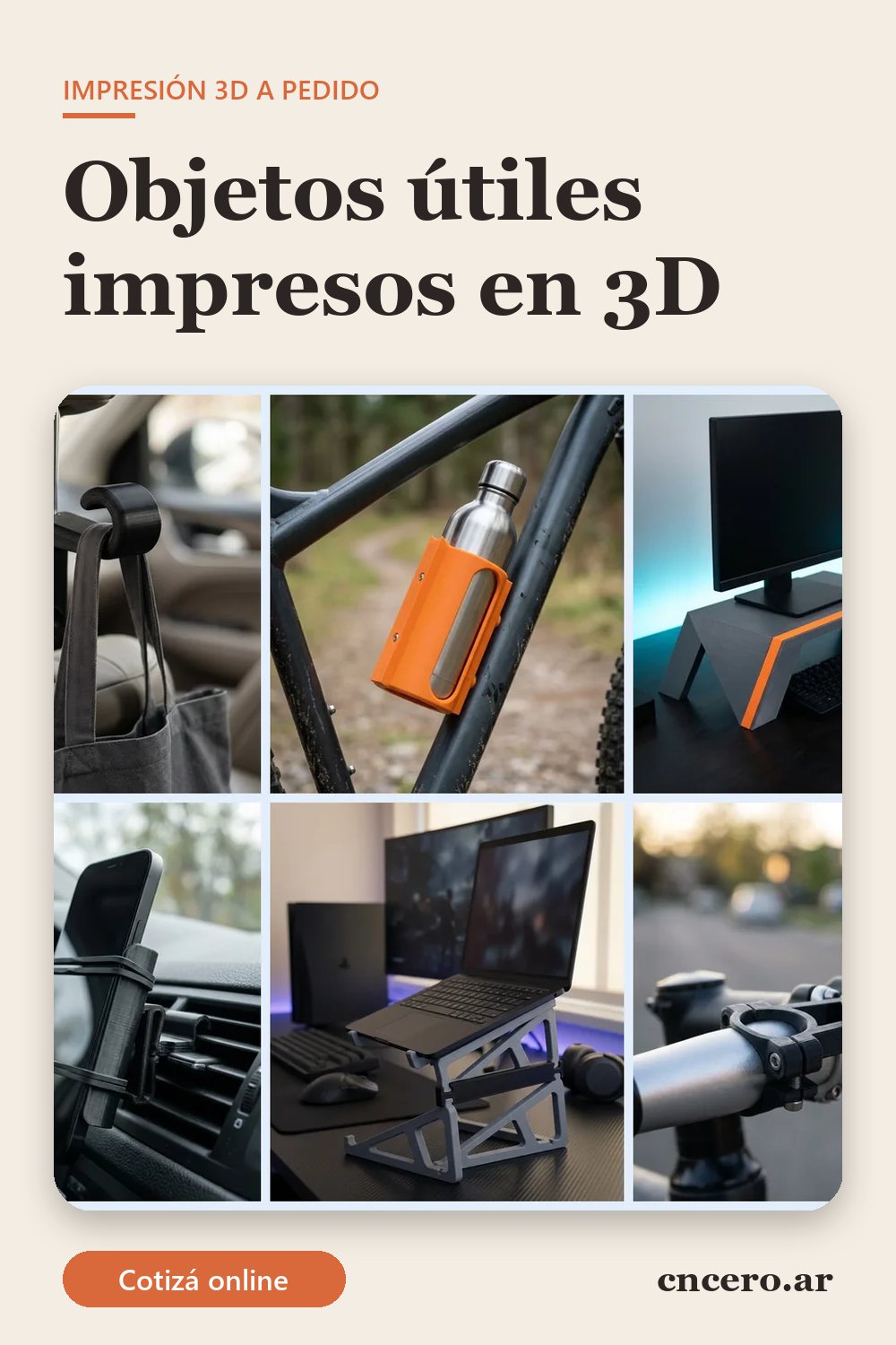 Objetos útiles impresos en 3d: gancho, portabotellas, elevador de monitor, soportes de celular, de notebook y de luz impresos en 3D