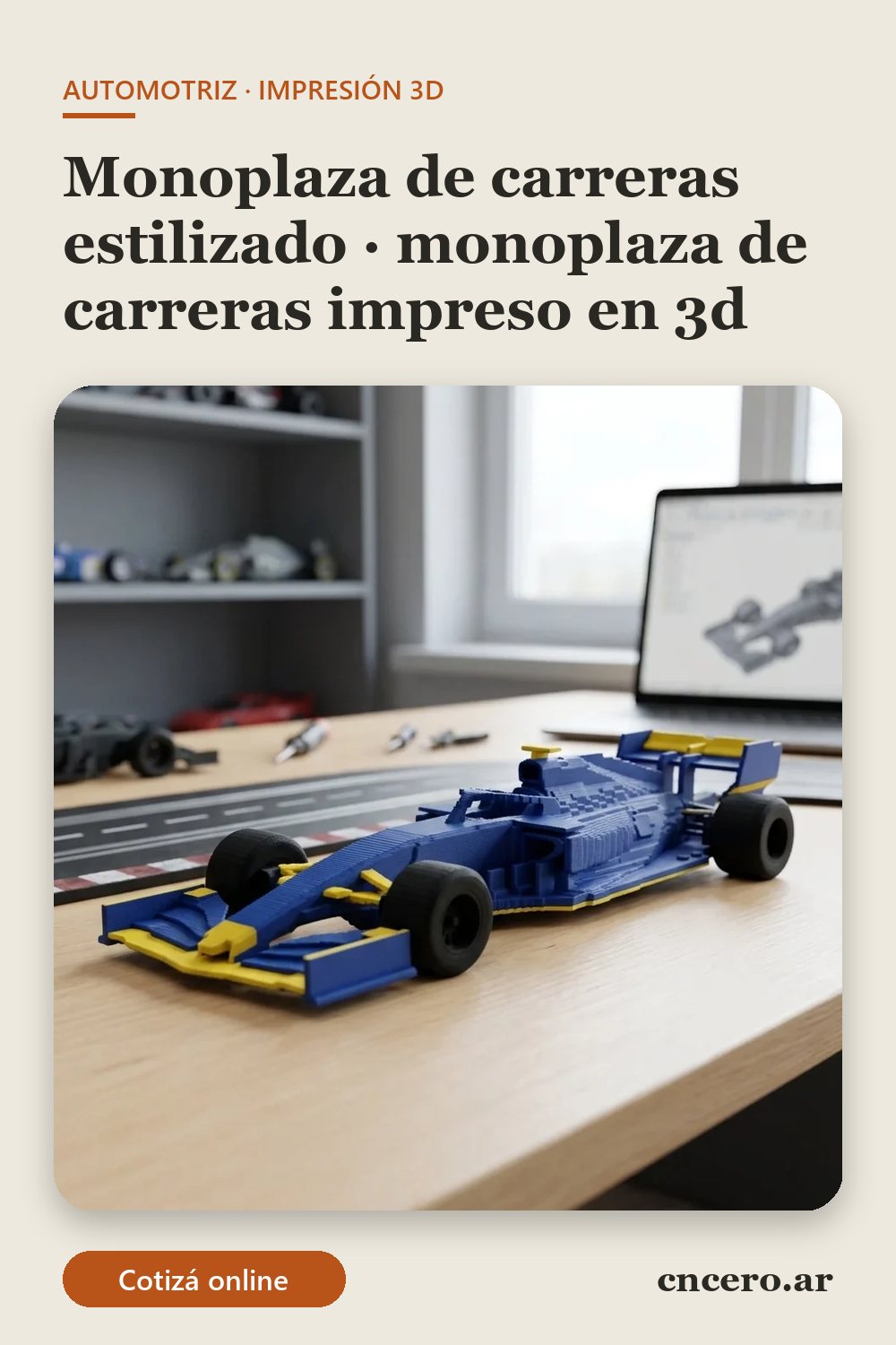Monoplaza de carreras impreso en 3D en multicolor (azul y negro): monoplaza de carreras estilizado (imagen ilustrativa)