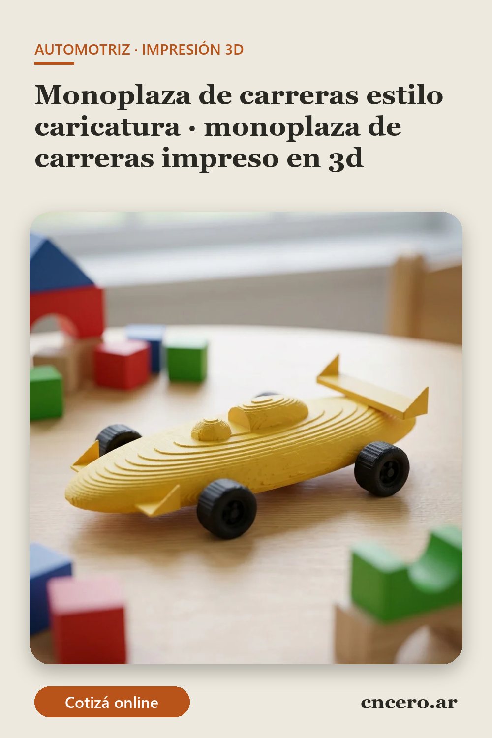 Monoplaza de carreras impreso en 3D en multicolor (amarillo y negro): monoplaza de carreras estilo caricatura (imagen ilustrativa)