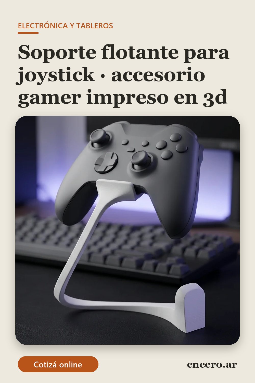 Accesorio gamer impreso en 3D en multicolor (blanco y gris): soporte flotante para joystick (imagen ilustrativa)