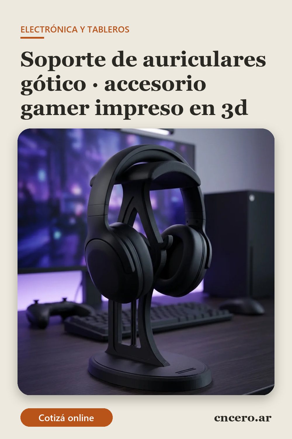 Accesorio gamer impreso en 3D en multicolor (negro y gris oscuro): soporte de auriculares gótico (imagen ilustrativa)