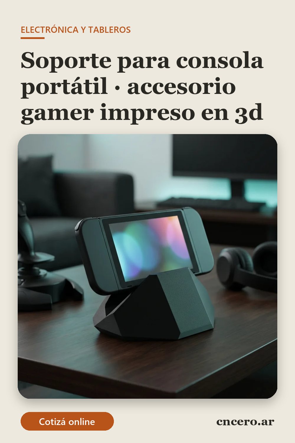 Accesorio gamer impreso en 3D en multicolor (negro y turquesa): soporte para consola portátil (imagen ilustrativa)