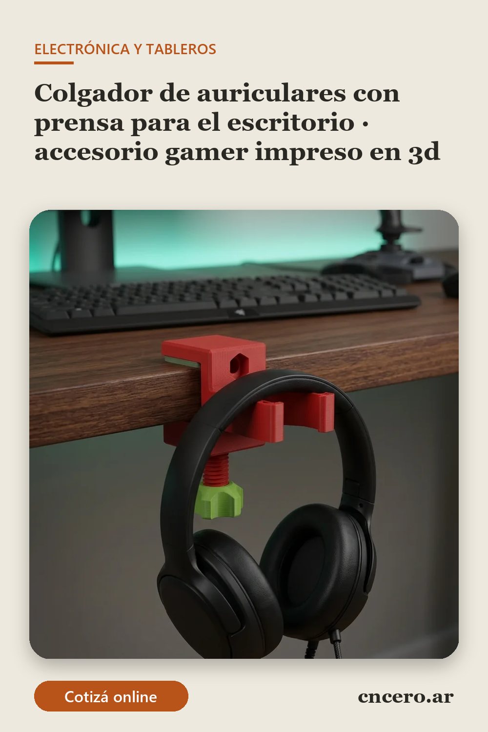 Accesorio gamer impreso en 3D en multicolor (rojo y verde lima): colgador de auriculares con prensa para el escritorio (imagen ilustrativa)