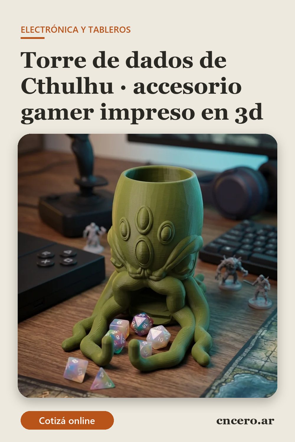 Accesorio gamer impreso en 3D en multicolor (verde oliva y verde): torre de dados de cthulhu (imagen ilustrativa)