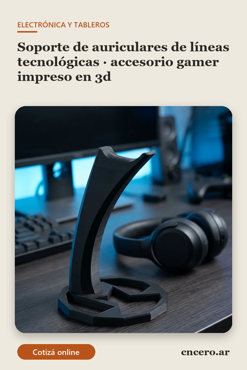 Accesorio gamer impreso en 3D en multicolor (negro y gris oscuro): soporte de auriculares de líneas tecnológicas (imagen ilustrativa)