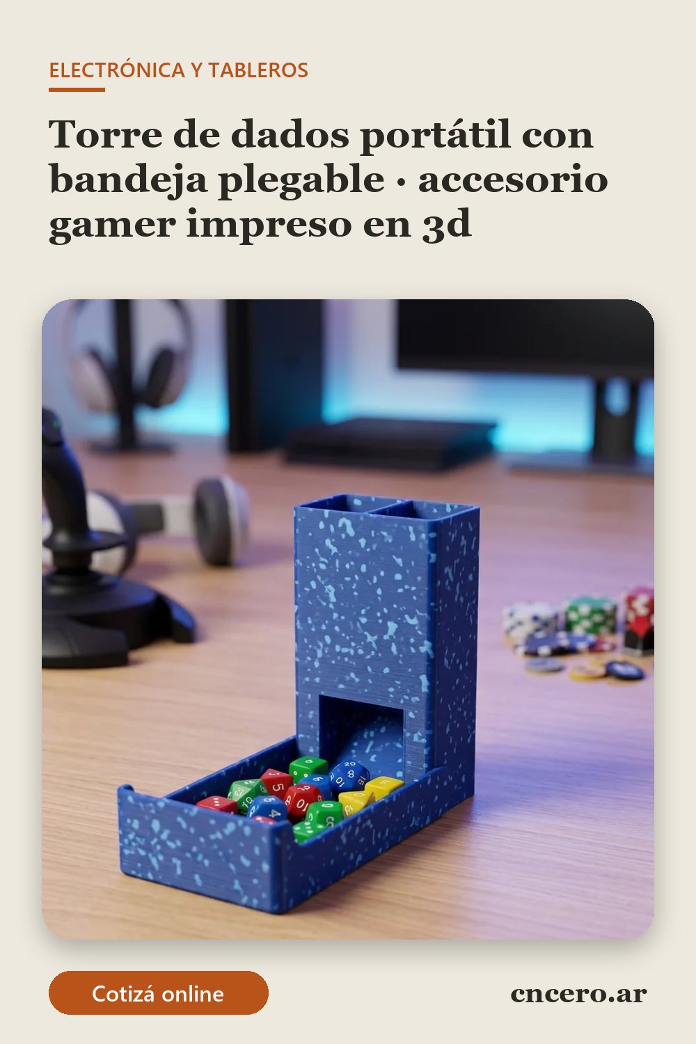 Accesorio gamer impreso en 3D en multicolor (azul y celeste): torre de dados portátil con bandeja plegable (imagen ilustrativa)
