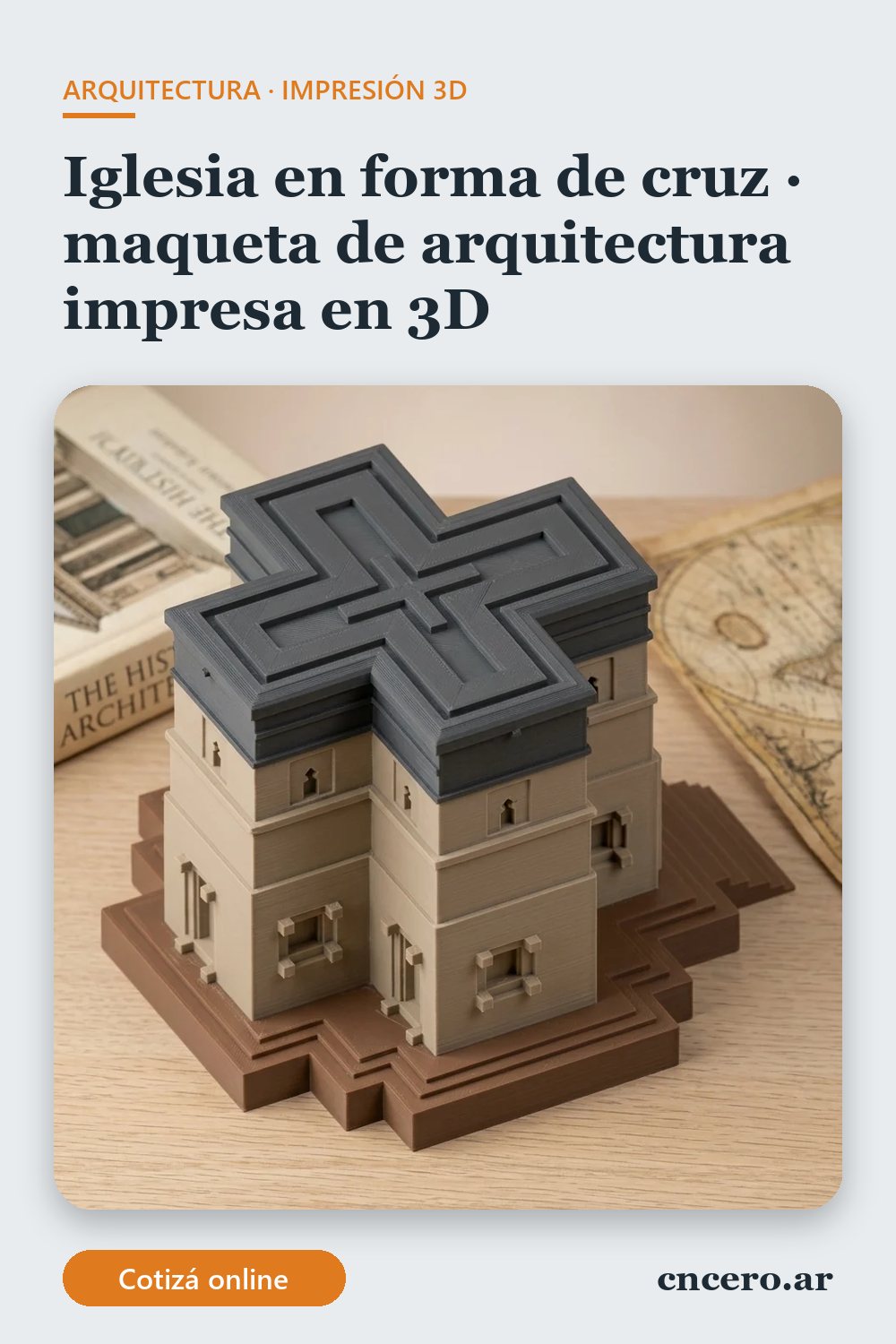 Maqueta de arquitectura impresa en 3D en multicolor (piedra, gris oscuro y chocolate): iglesia en forma de cruz (imagen ilustrativa)