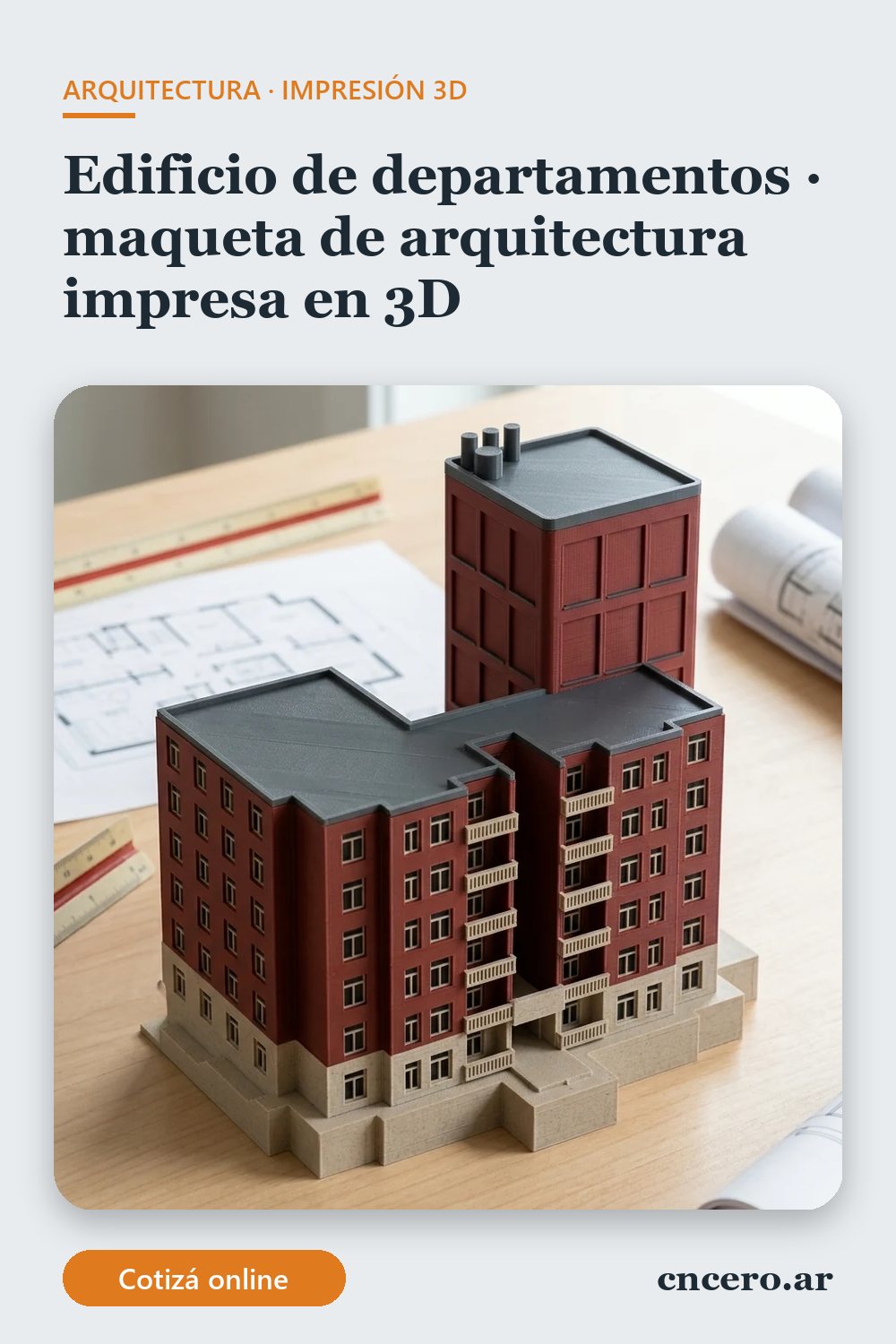 Maqueta de arquitectura impresa en 3D en multicolor (rojo, gris oscuro y piedra): edificio de departamentos (imagen ilustrativa)