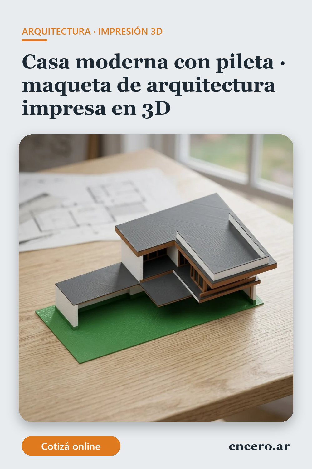 Maqueta de arquitectura impresa en 3D en multicolor (blanco, gris oscuro, verde y chocolate): casa moderna con pileta (imagen ilustrativa)