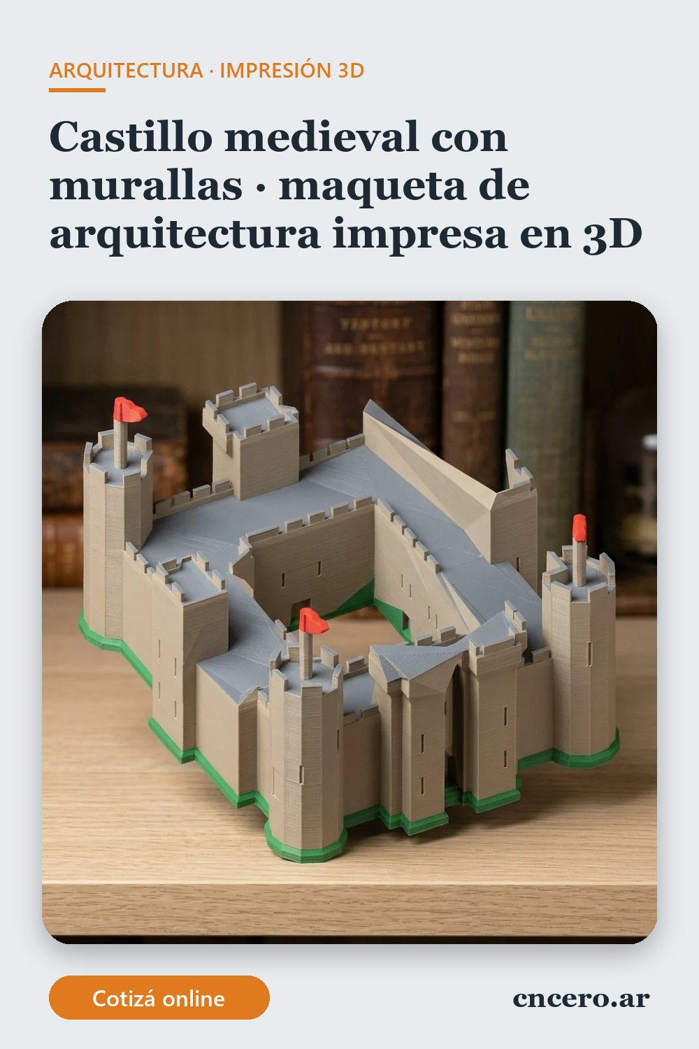 Maqueta de arquitectura impresa en 3D en multicolor (piedra, gris oscuro, verde y rojo): castillo medieval con murallas (imagen ilustrativa)