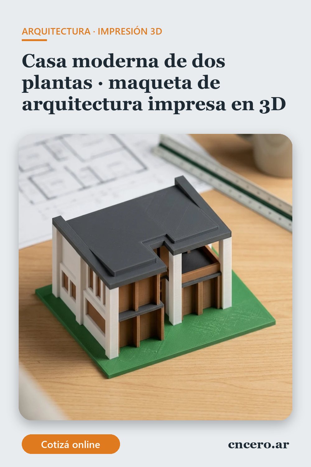 Maqueta de arquitectura impresa en 3D en multicolor (blanco, gris oscuro, verde y chocolate): casa moderna de dos plantas (imagen ilustrativa)